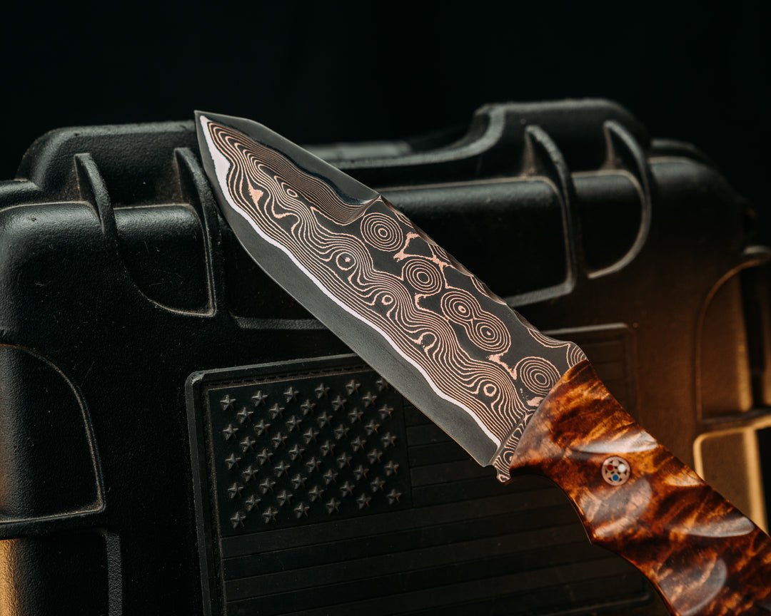 Disaster Breacher- Baker Forge Raindrop CopperMai- Hawaiian Curly Koa, Copper Patriot Mosaic Pins, Copper Lanyard Pin, Textured Grip