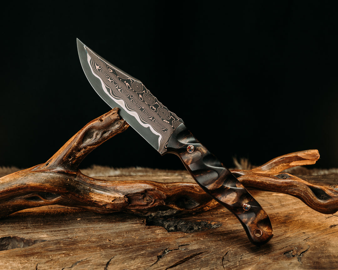 Crow Scout- Baker Forge Raindrop CopperMai- Hawaiian Curly Koa, Copper Patriot Mosaic Pins, Copper Lanyard Pin, Textured Grip
