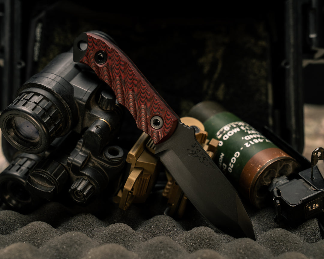 Disaster Cub- Red and Black G10, Armor Black Cerakote, Allen Bolts, Iron Grip