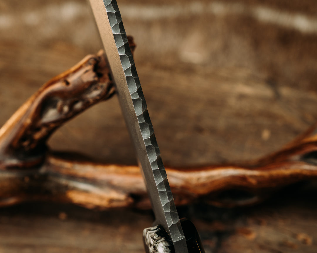 Modified Raider Bowie- Western Diamondback Rattlesnake Rattle in Tru-LaRue Resin, Western Diamondback Rattlesnake Vertebrae in Tru-sLaRue Resin, Mosaic Pins, Smooth Grip
