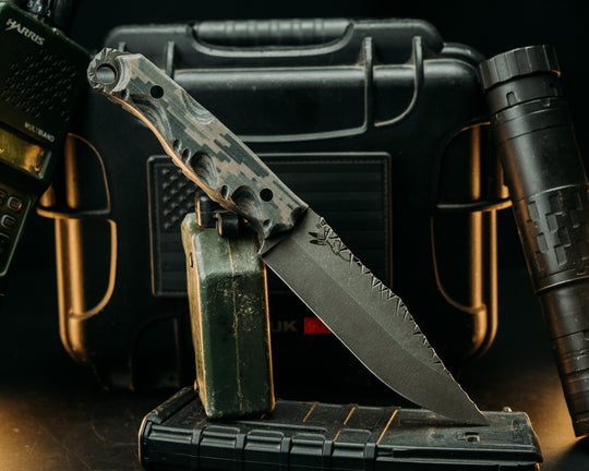 Crow Scout- ABU Air Force Tiger Stripe Cammie Micarta, Carbon Pins, Textured Grip, Rock Worked Spine and Skull Crusher