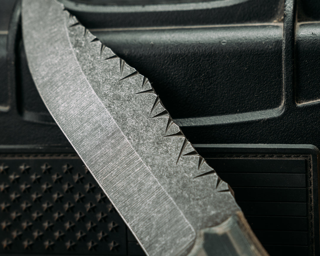 Crow Scout- ABU Air Force Tiger Stripe Cammie Micarta, Carbon Pins, Textured Grip, Rock Worked Spine and Skull Crusher