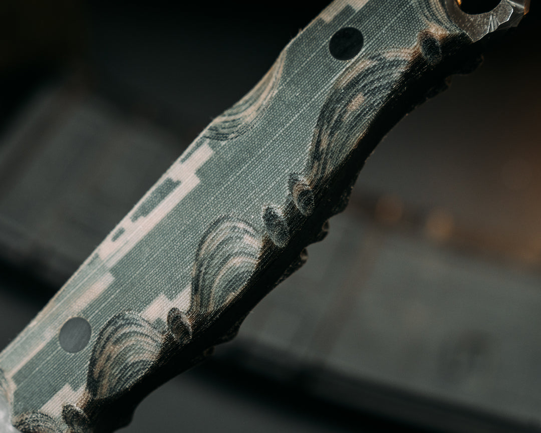 Crow Scout- ABU Air Force Tiger Stripe Cammie Micarta, Carbon Pins, Textured Grip, Rock Worked Spine and Skull Crusher