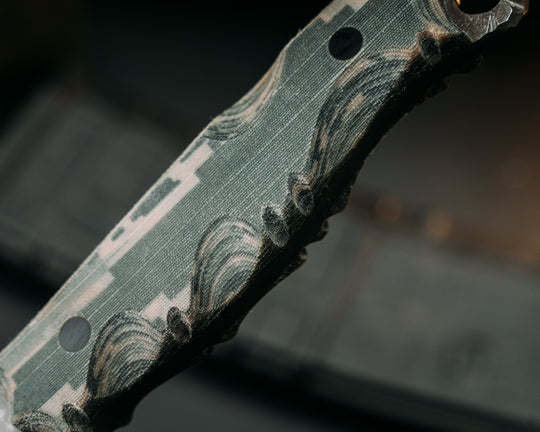 Crow Scout- ABU Air Force Tiger Stripe Cammie Micarta, Carbon Pins, Textured Grip, Rock Worked Spine and Skull Crusher