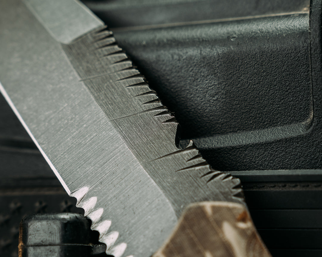 Notched Disaster Breacher- Desert Tiger Stripe Cammie Micarta, Brown Micarta Pins, Textured GripRock Worked Spine