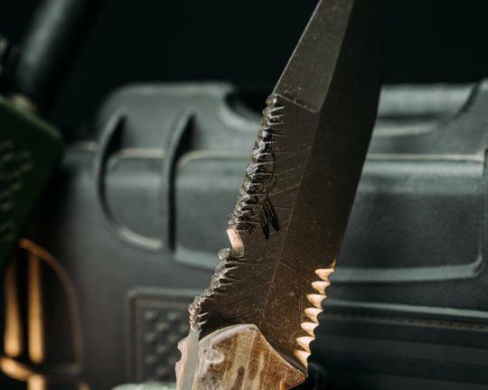 Notched Disaster Breacher- Desert Tiger Stripe Cammie Micarta, Brown Micarta Pins, Textured GripRock Worked Spine