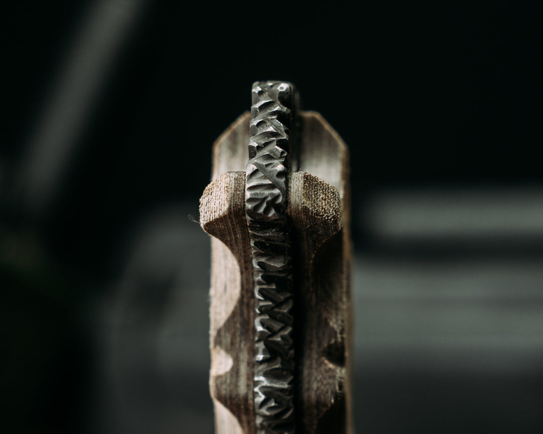 Notched Disaster Breacher- Desert Tiger Stripe Cammie Micarta, Brown Micarta Pins, Textured GripRock Worked Spine