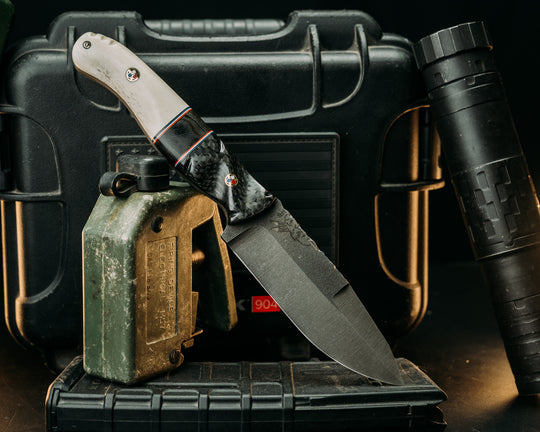 Hog Hunt- Carbon Fiber, Black G10, Brass, Blue G10, White G10 and Cherry G10 Pin Striping, Andy's Cammies Split, Elk antler, Patriot Mosaic Pins, Textured Grip