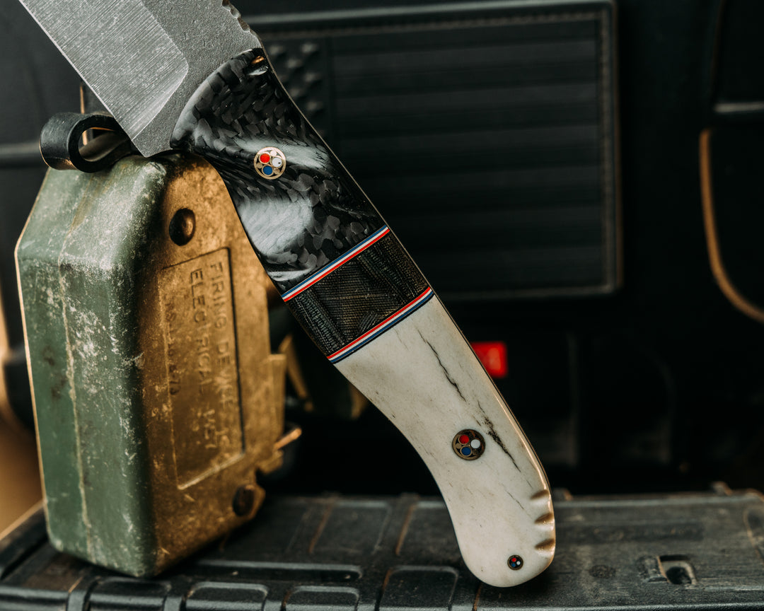 Hog Hunt- Carbon Fiber, Black G10, Brass, Blue G10, White G10 and Cherry G10 Pin Striping, Andy's Cammies Split, Elk antler, Patriot Mosaic Pins, Textured Grip