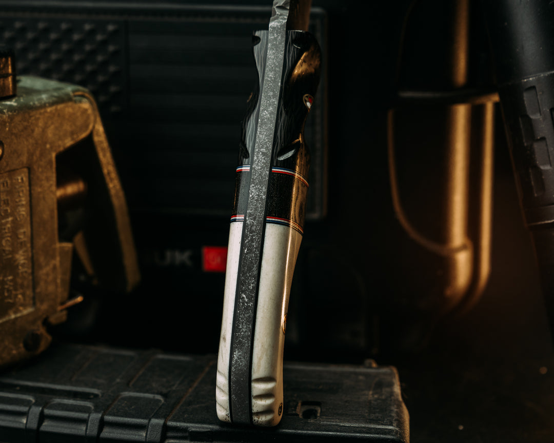 Hog Hunt- Carbon Fiber, Black G10, Brass, Blue G10, White G10 and Cherry G10 Pin Striping, Andy's Cammies Split, Elk antler, Patriot Mosaic Pins, Textured Grip