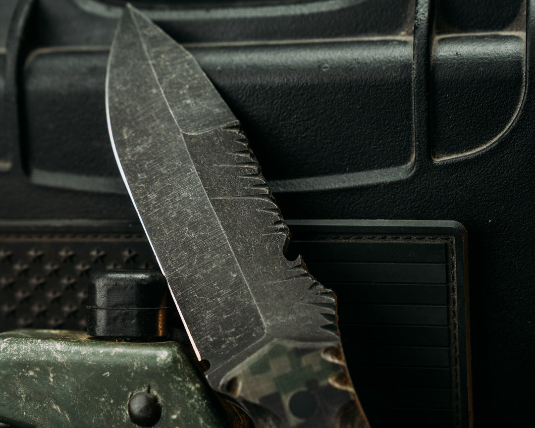 Notched Disaster Jr.- Digi Green and Brown Mil Spec Micarta, CF Pins, Textured Grip, Rock Worked Spine and Skull Crusher