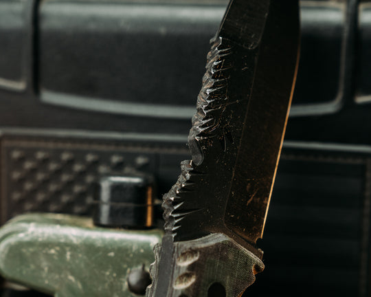 Notched Disaster Jr.- Digi Green and Brown Mil Spec Micarta, CF Pins, Textured Grip, Rock Worked Spine and Skull Crusher