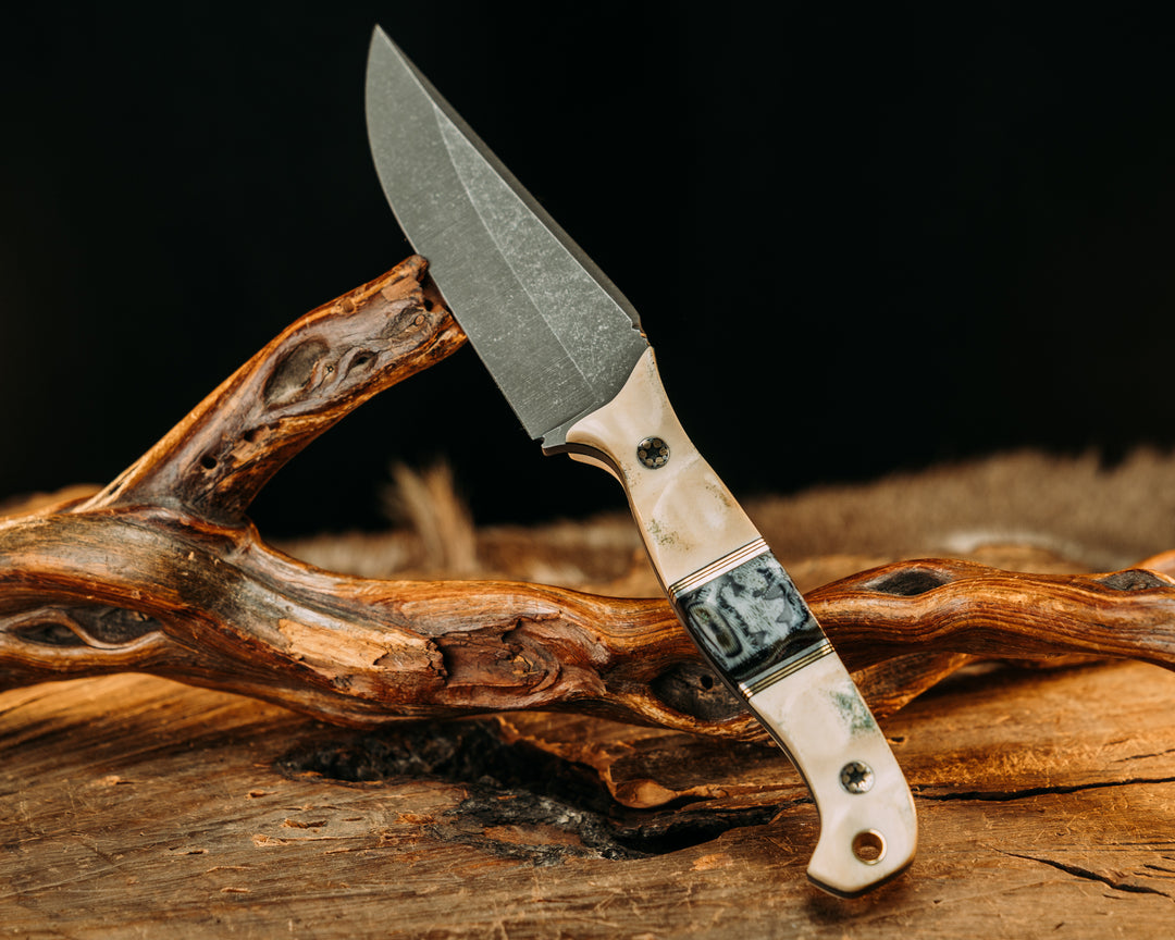 Crow Pre-Jay- Moose Antler, Black G10, Brass and Aluminum Pin Striping, Navy S.E.A.L Cammie and American Flag Micarta Split, Mosaic Pins, Textured Grip