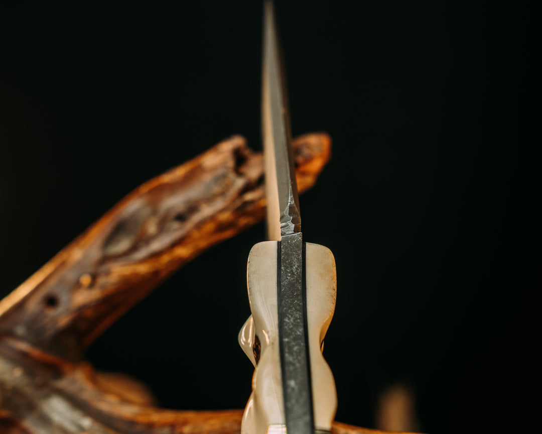 Crow Pre-Jay- Moose Antler, Black G10, Brass and Aluminum Pin Striping, Navy S.E.A.L Cammie and American Flag Micarta Split, Mosaic Pins, Textured Grip
