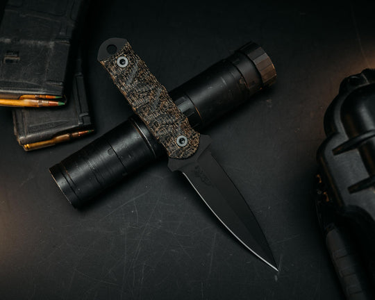 Combat Dagger- Black Burlap Micarta, Armor Black Cerakote, Allen Bolts, Chaos Grip