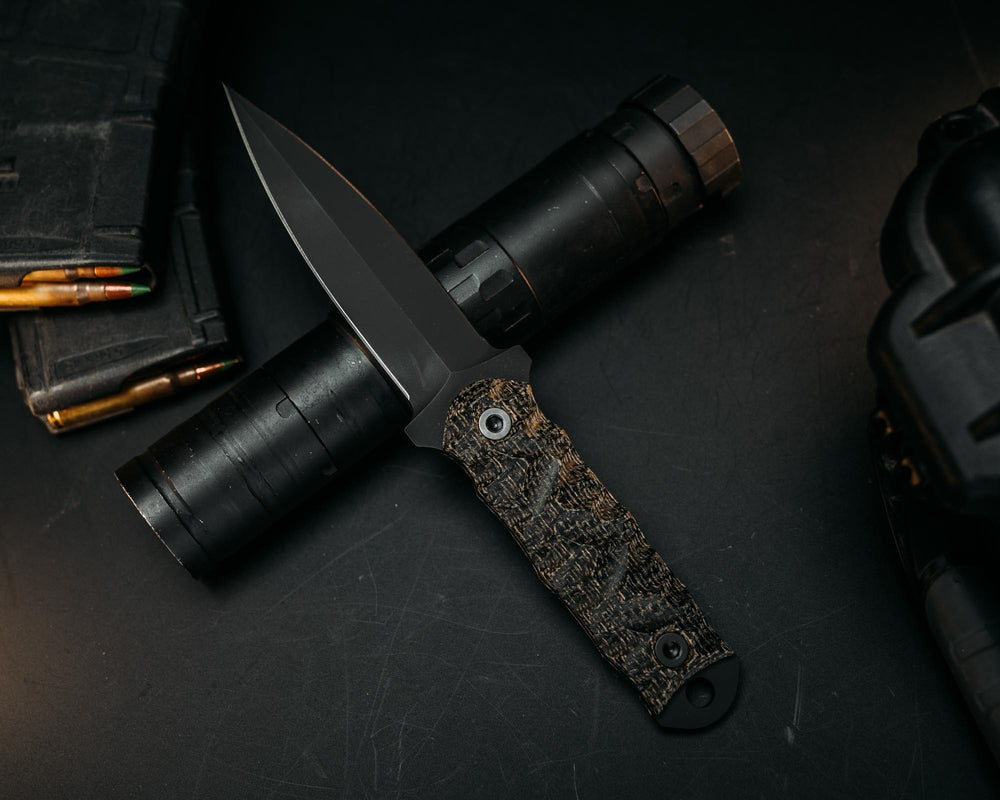 Combat Dagger- Black Burlap Micarta, Armor Black Cerakote, Allen Bolts, Chaos Grip