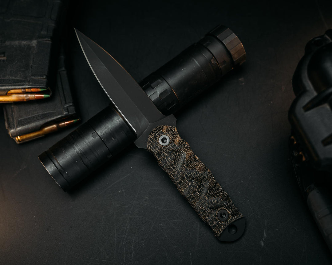 Combat Dagger- Black Burlap Micarta, Armor Black Cerakote, Allen Bolts, Chaos Grip