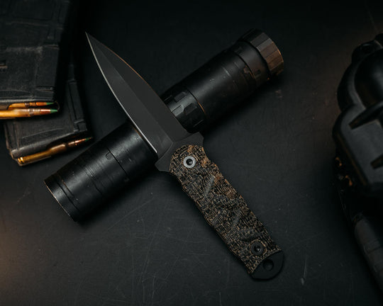 Combat Dagger- Black Burlap Micarta, Armor Black Cerakote, Allen Bolts, Chaos Grip