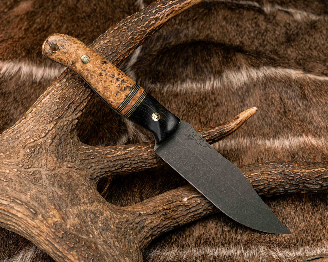 Crow Scout- Ebony, Black G10, Brass, Coyote G10 and Desert Tan G10 Pin Striping, Black Ash Burl Split, Black Ash Burl, Mosaic Pins, Brass Lanyard Pin, Textured Grip