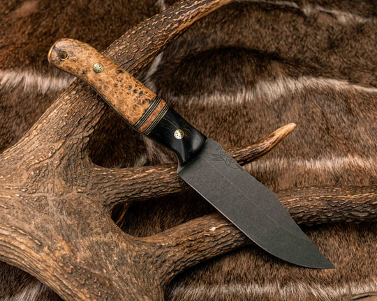 Crow Scout- Ebony, Black G10, Brass, Coyote G10 and Desert Tan G10 Pin Striping, Black Ash Burl Split, Black Ash Burl, Mosaic Pins, Brass Lanyard Pin, Textured Grip