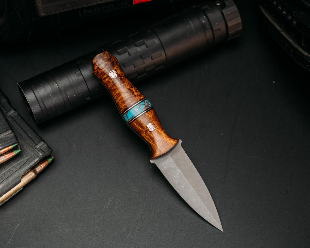 Pulse Checker - Desert Ironwood, Black G10 & Copper Pin Striping, Turquoise Tru Stone w/ Copper Web, Chechen, Mosaic Pins, Smooth Grip.
