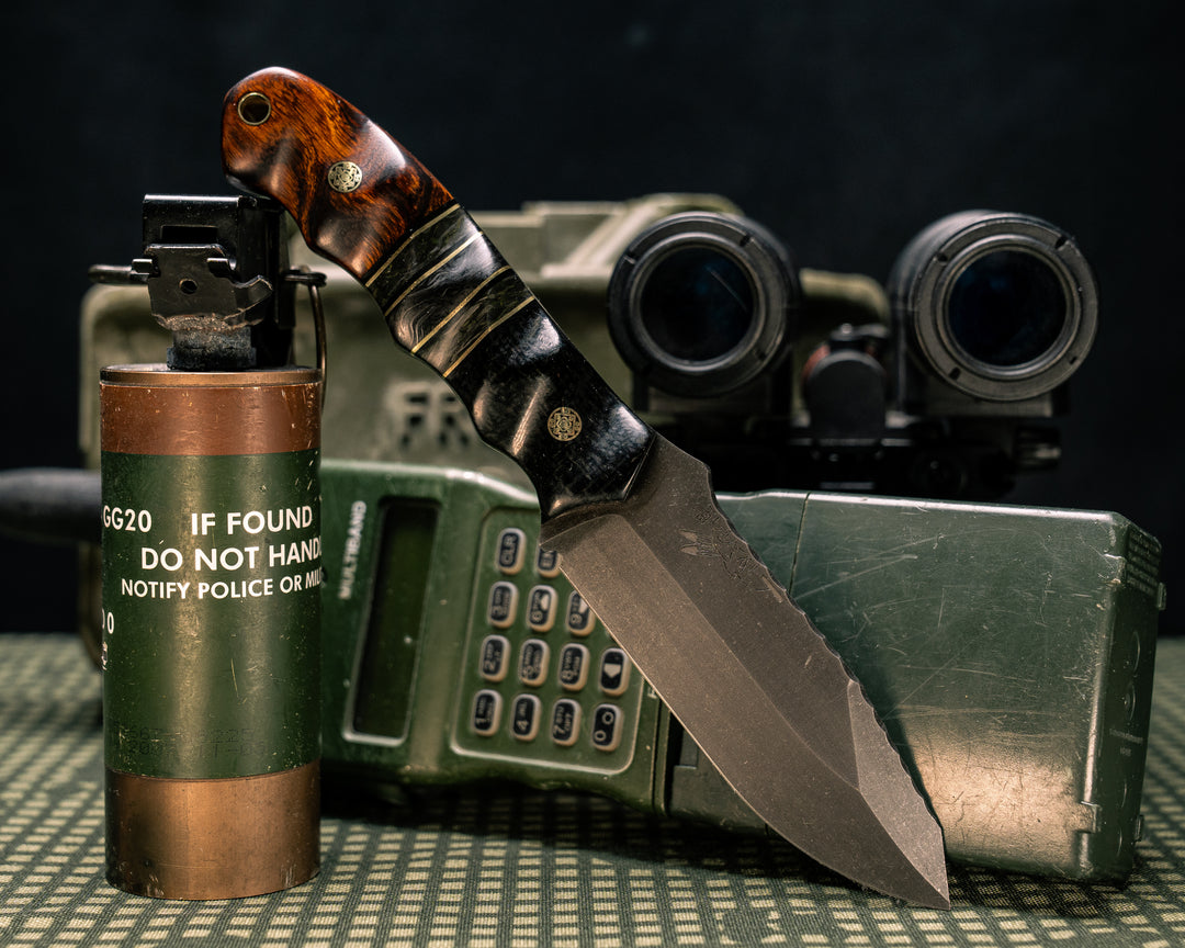 Disaster Jr- Black Burlap Micarta, Black G10 and Brass Pin Striping, Black Dark Matter Carbon and Green Dark Matter Carbon Split, Mosaic Pins, Brass Lanyard Pin, Textured Grip