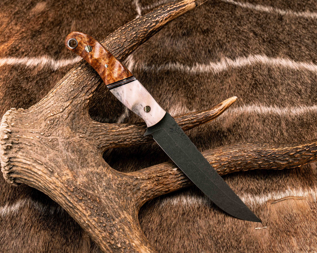 Crow Breakdown- Elk antler, Black G10, Copper and White G10 Split, Afzelia Burl, Mosaic Pins, 3/8" Aluminum Lanyard Pin, Textured Grip