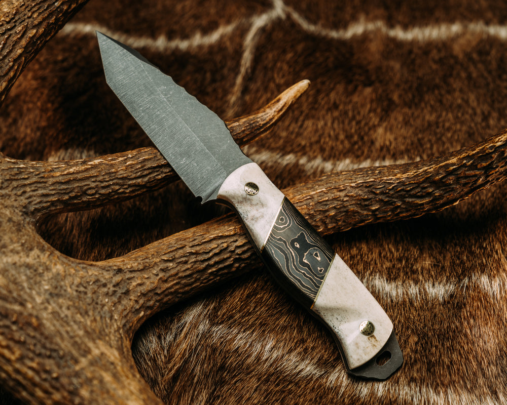 Modified Field Knife Tanto- Brass and Gold Camo Carbon Split, Mosaic Pins, Contoured Grip