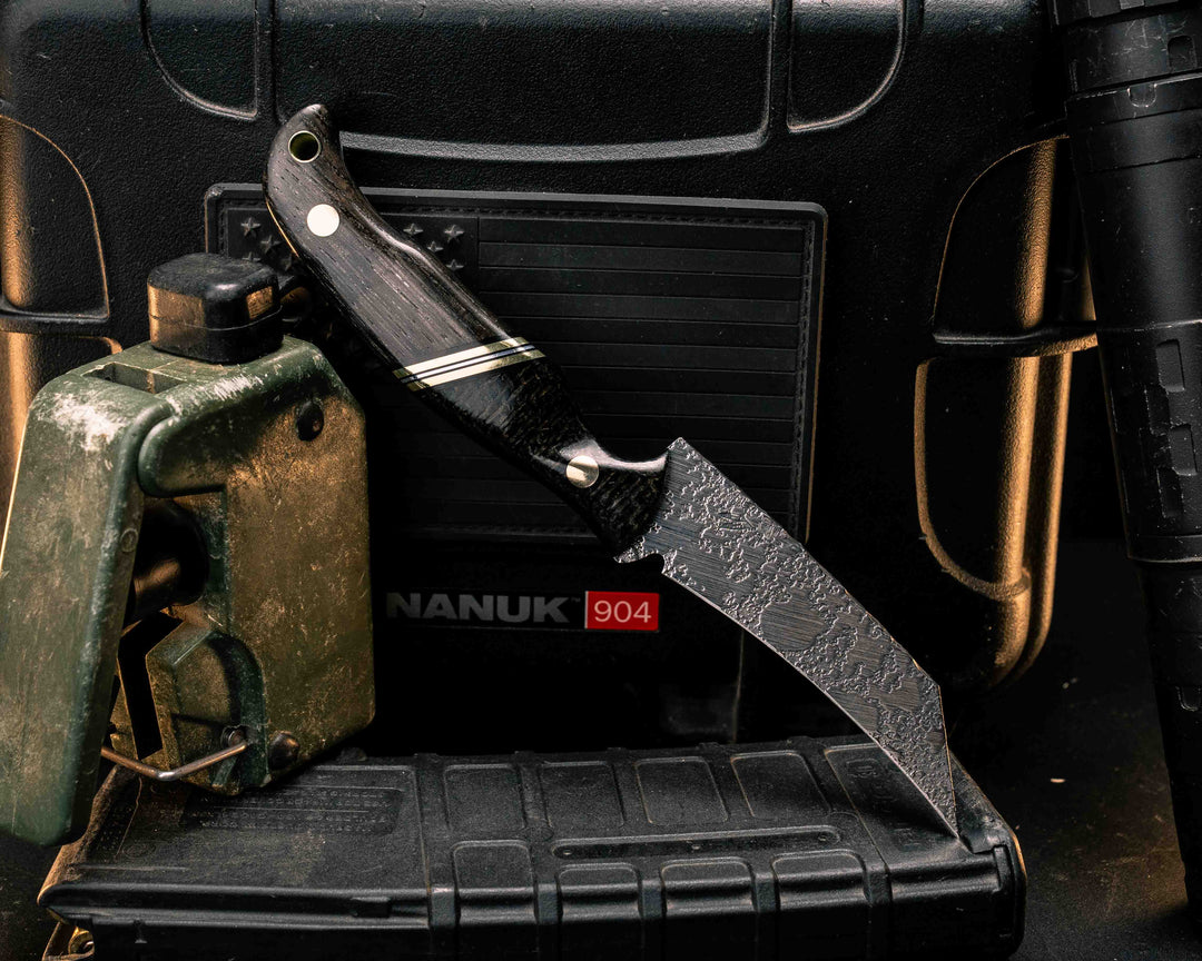 Draugr- Black Burlap Micarta, Black G10, Brass and Aluminum Split, Ancient Bog Oak, Brass Pins, Brass Lanyard Pin, Textured Grip
