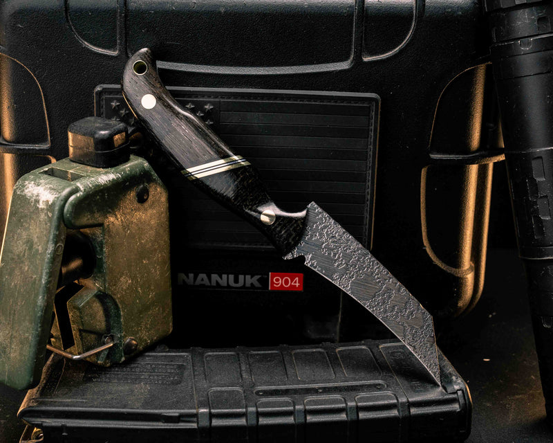 Draugr- Black Burlap Micarta, Black G10, Brass and Aluminum Split, Ancient Bog Oak, Brass Pins, Brass Lanyard Pin, Textured Grip