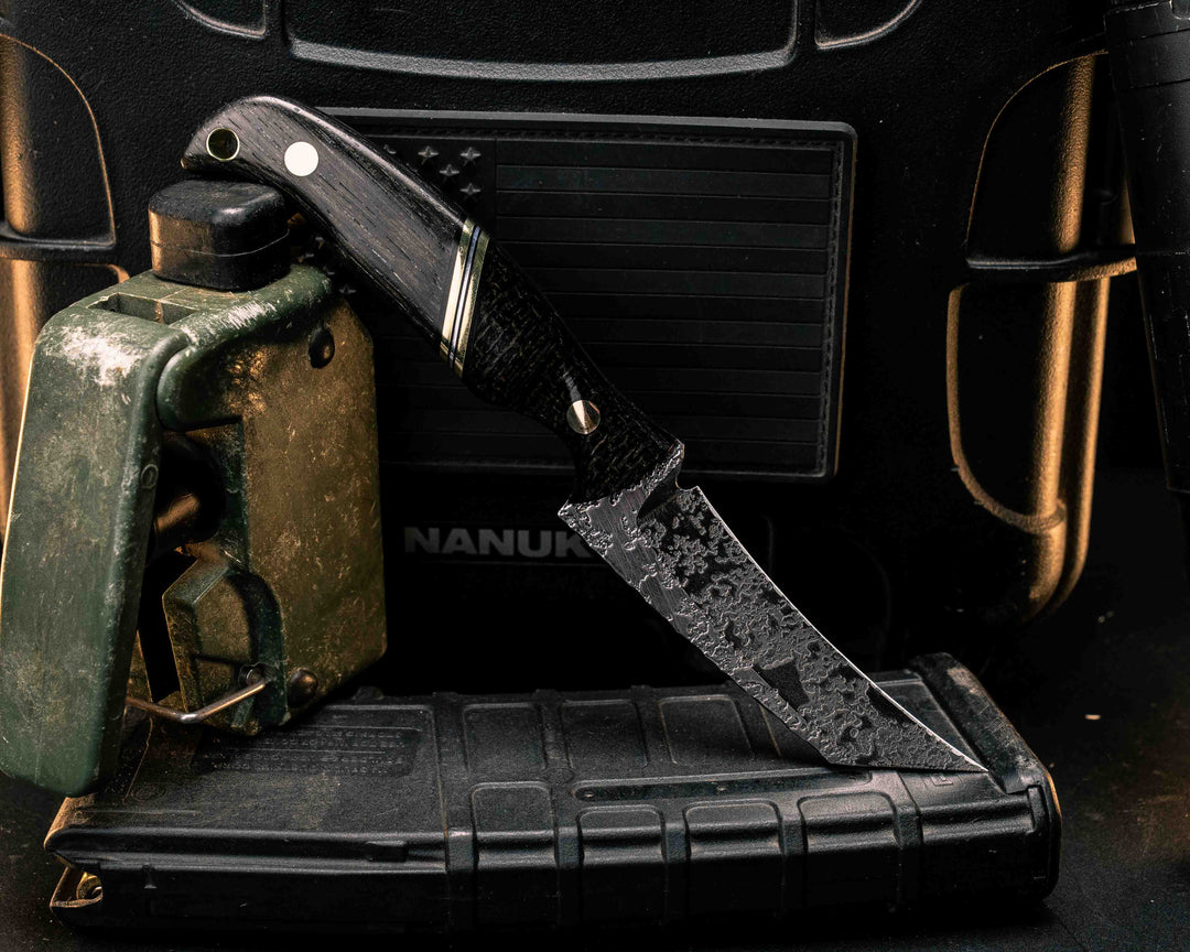 Draugr- Black Burlap Micarta, Black G10, Brass and Aluminum Split, Ancient Bog Oak, Brass Pins, Brass Lanyard Pin, Textured Grip
