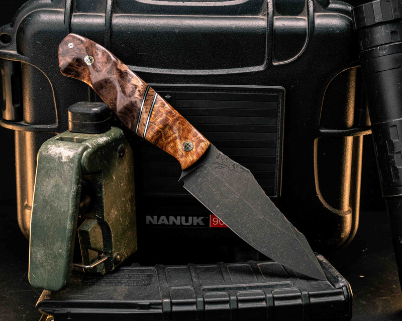Field Knife - Afzelia Burl, Black G10 and Aluminum Pin Striping, Chechen Caribbean Rosewood Split, Chechen Caribbean Rosewood, Mosaic Pins, Textured Grip