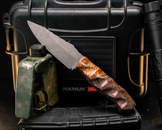 Field Knife - Afzelia Burl, Black G10 and Aluminum Pin Striping, Chechen Caribbean Rosewood Split, Chechen Caribbean Rosewood, Mosaic Pins, Textured Grip
