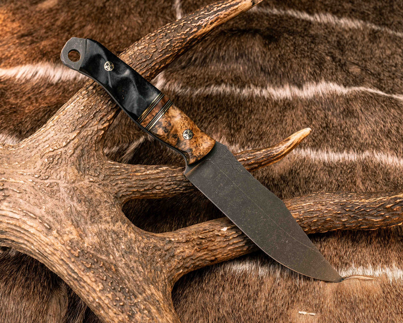 Crow Scout- Black Ash Burl, Black G10, Brass, Coyote G10 and White G10 Pin Striping, Maple Split, Dyed Redwood, Mosaic Pins, Textured Grip