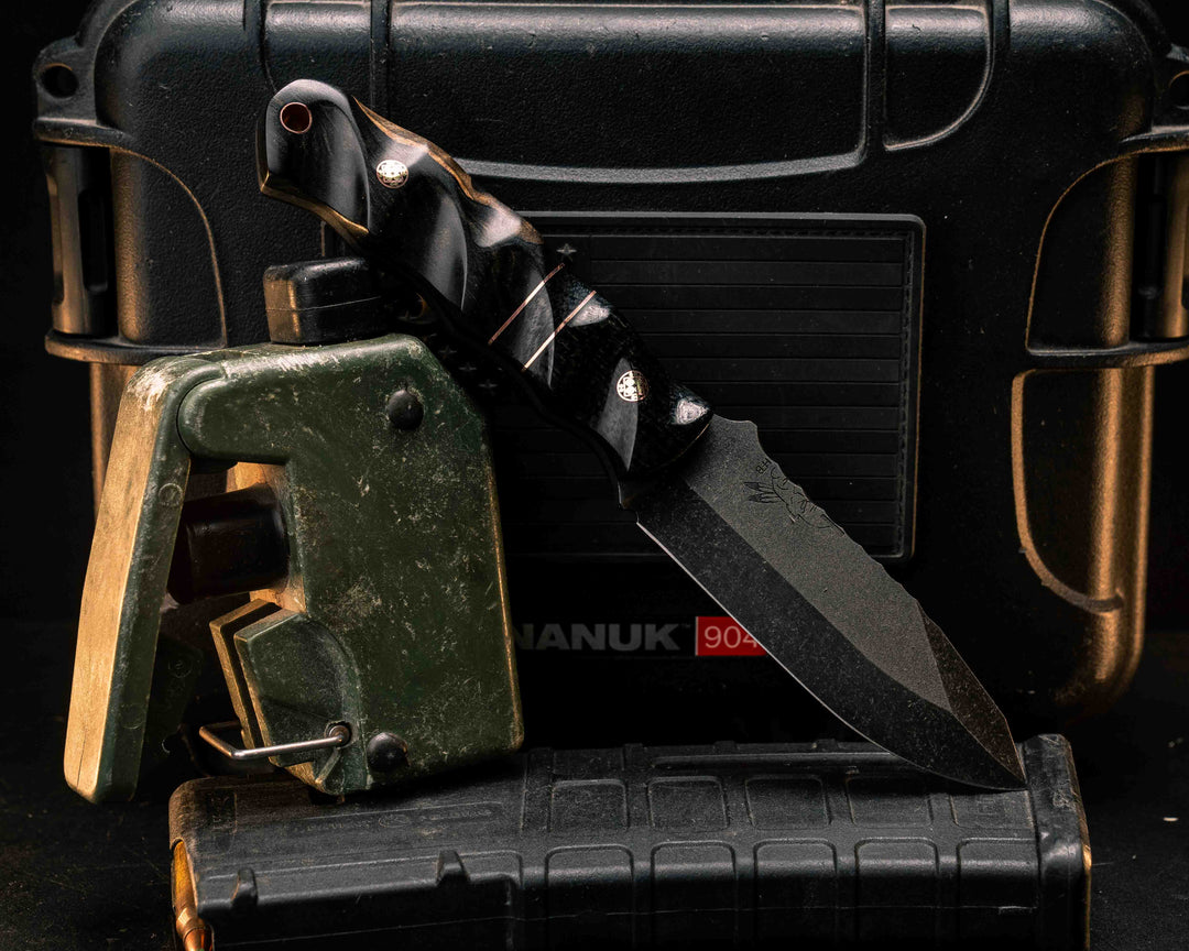 Disaster Jr- Black Burlap Micarta, Black G10 and Copper Pin Striping, Black Burlap Micarta Split, Black and White Ebony, Mosaic Pins, Copper Lanyard Pin, Textured Grip