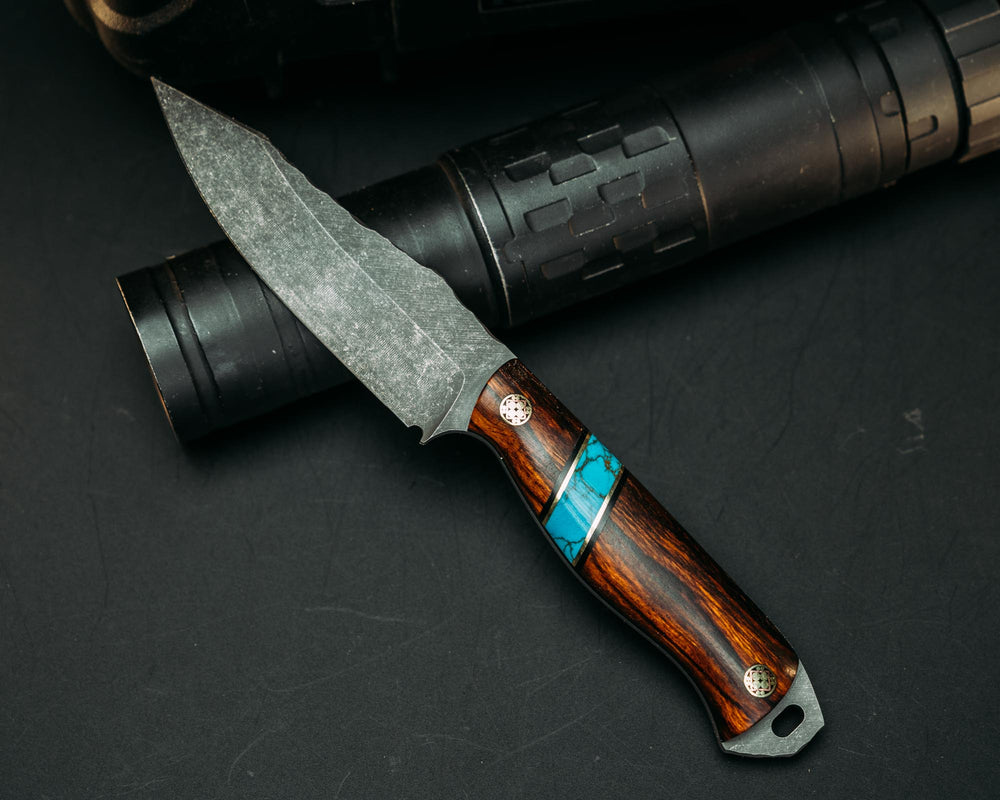 Field Knife Jr- Desert Ironwood, Black G10 and Brass Pin Striping, Kingman Turquoise Tru-stone Split, Mosaic Pins, Smooth Grip