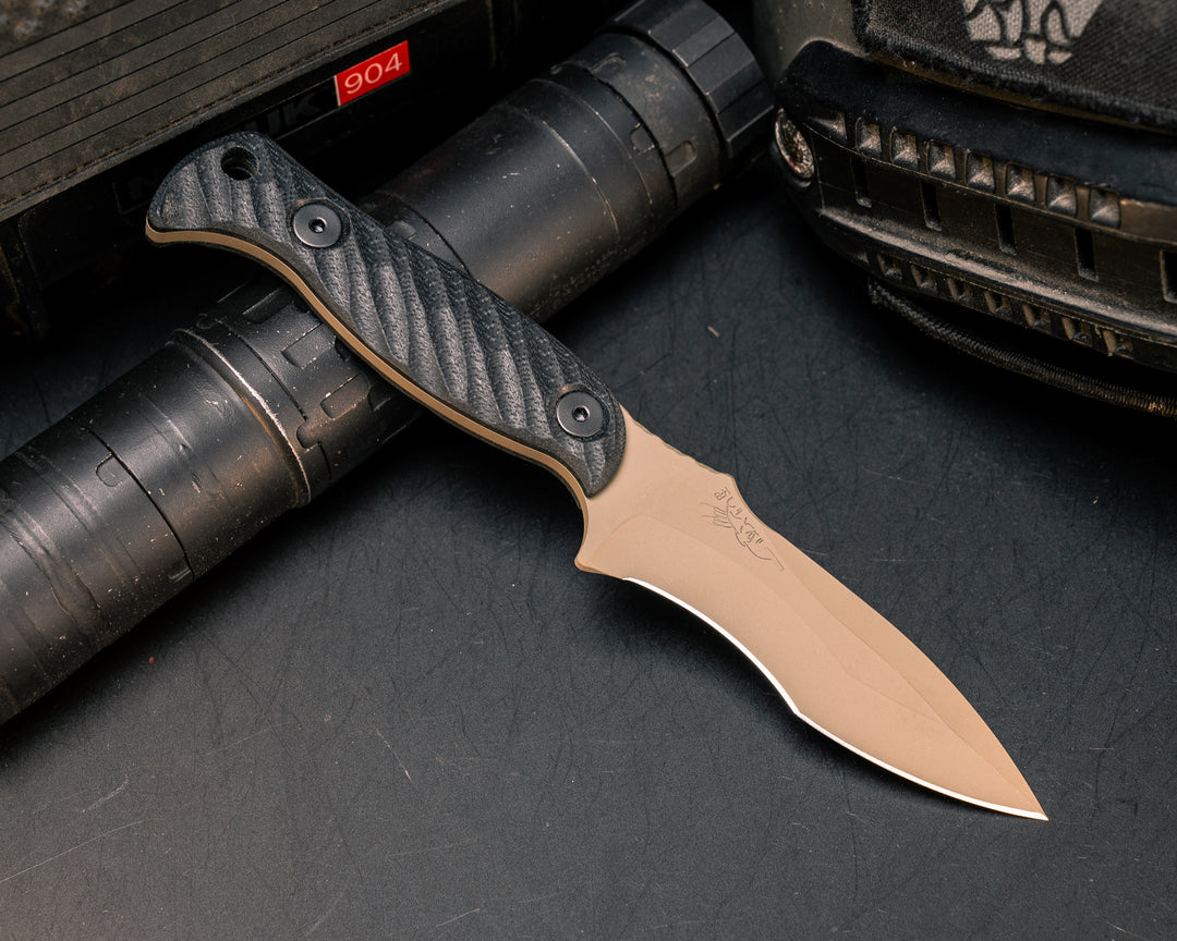 Extremis MK1 - Black G10, FDE Cerakote, Allen Bolts, Hollow Lanyard Hole, Textured Grip