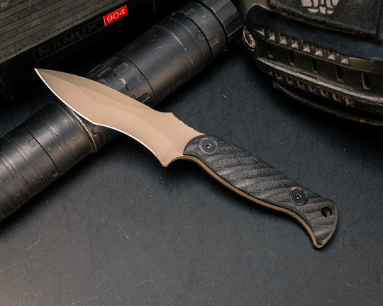 Extremis MK1 - Black G10, FDE Cerakote, Allen Bolts, Hollow Lanyard Hole, Textured Grip