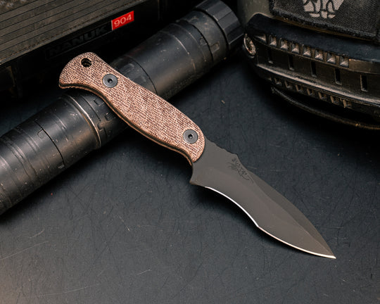 Extremis MK1 - Brown Canvas Micarta, Armor Black Cerakote, Allen Bolts, Hollow Lanyard Hole, Textured Grip