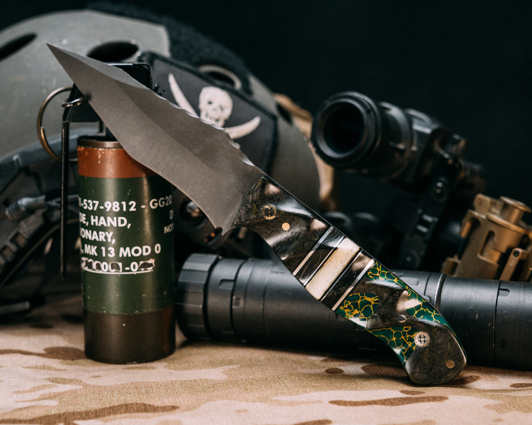 Modified Field Knife- Black Dark Matter Carbon, Black G10, Aluminum and Brass Pin Striping, Black Dark Matter Carbon and Glow Micarta Split, Black Dark Matter Carbon Over Arizona Jade Tru-stone Split, Mosaic Pins, 1/8" Brass Pin, Textured Grip