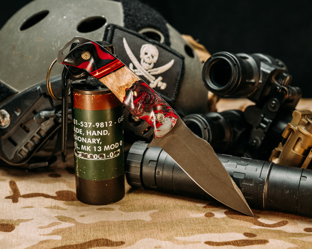 Modified Ishi- Red and Grey Swirl Resin and Burlwood, Black G10, Cherry G10 and Brass Split, Black and Cherry Layered G10, Mosaic Pins, Textured Grip