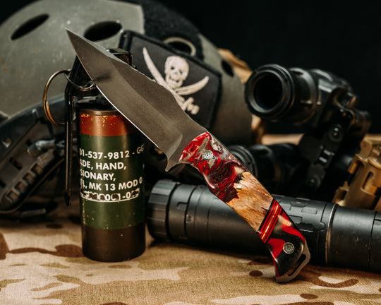 Modified Ishi- Red and Grey Swirl Resin and Burlwood, Black G10, Cherry G10 and Brass Split, Black and Cherry Layered G10, Mosaic Pins, Textured Grip