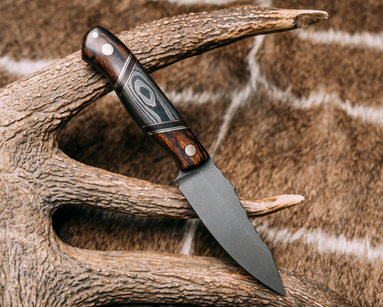 Field Knife Jr- Desert Ironwood, Black G10, Brass and Desert Ironwood Pin Striping, Gold Camo Carbon Split, Brass Pins, 1/8" Brass Pin, Smooth Grip
