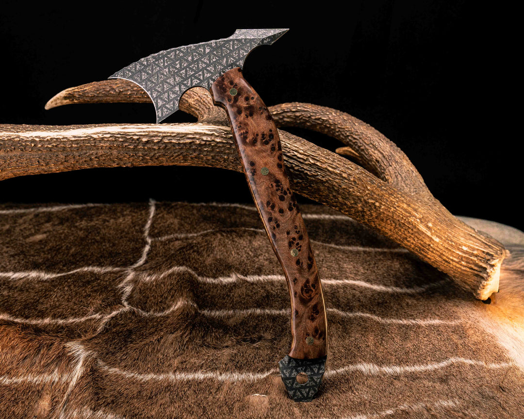 Crescent Hawk- Redwood Burl, Stippled Copper and Fossilized Great White Shark Tooth Inlay, Mosaic Pins, Smooth Grip