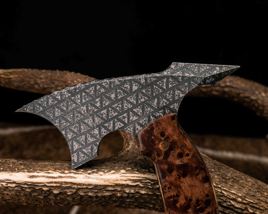 Crescent Hawk- Redwood Burl, Stippled Copper and Fossilized Great White Shark Tooth Inlay, Mosaic Pins, Smooth Grip