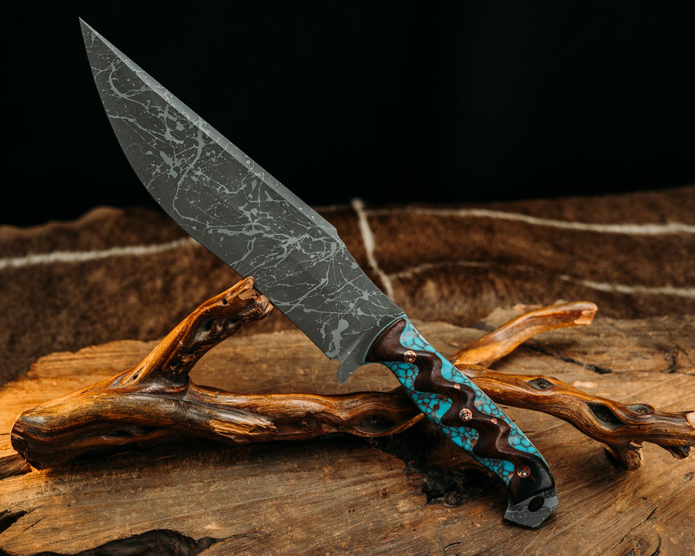 American Bowie - Desert Ironwood Overlayed on Turquoise w/ Copper Web Tru Stone, Ivory G10 Liner, Patriot Mosaic Pins, Copper Pins, Textured Grip.