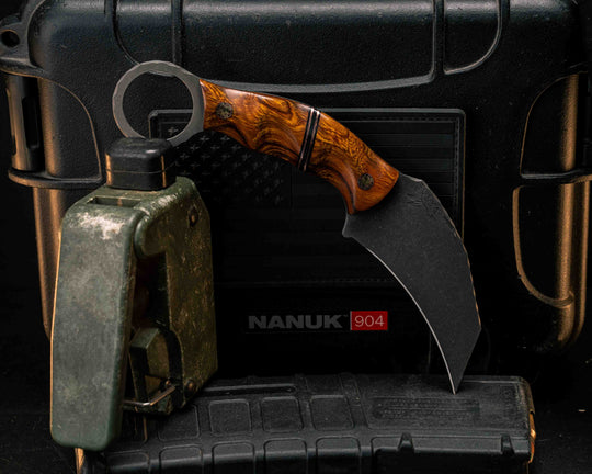 Karambito- Desert Ironwood, Black G10 and Copper Pin Striping, Mosaic Pins, Textured Grip
