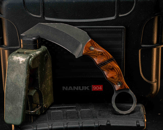 Karambito- Desert Ironwood, Black G10 and Copper Pin Striping, Mosaic Pins, Textured Grip