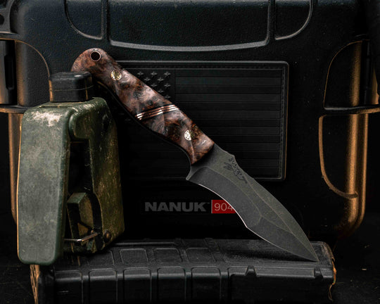Extremis MK1- Redwood Burl, Black G10 and Copper Split, Mosaic Pins, Copper Lanyard Pin, Textured Grip