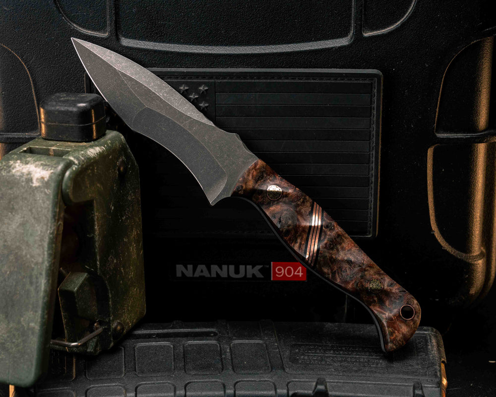 Extremis MK1- Redwood Burl, Black G10 and Copper Split, Mosaic Pins, Copper Lanyard Pin, Textured Grip